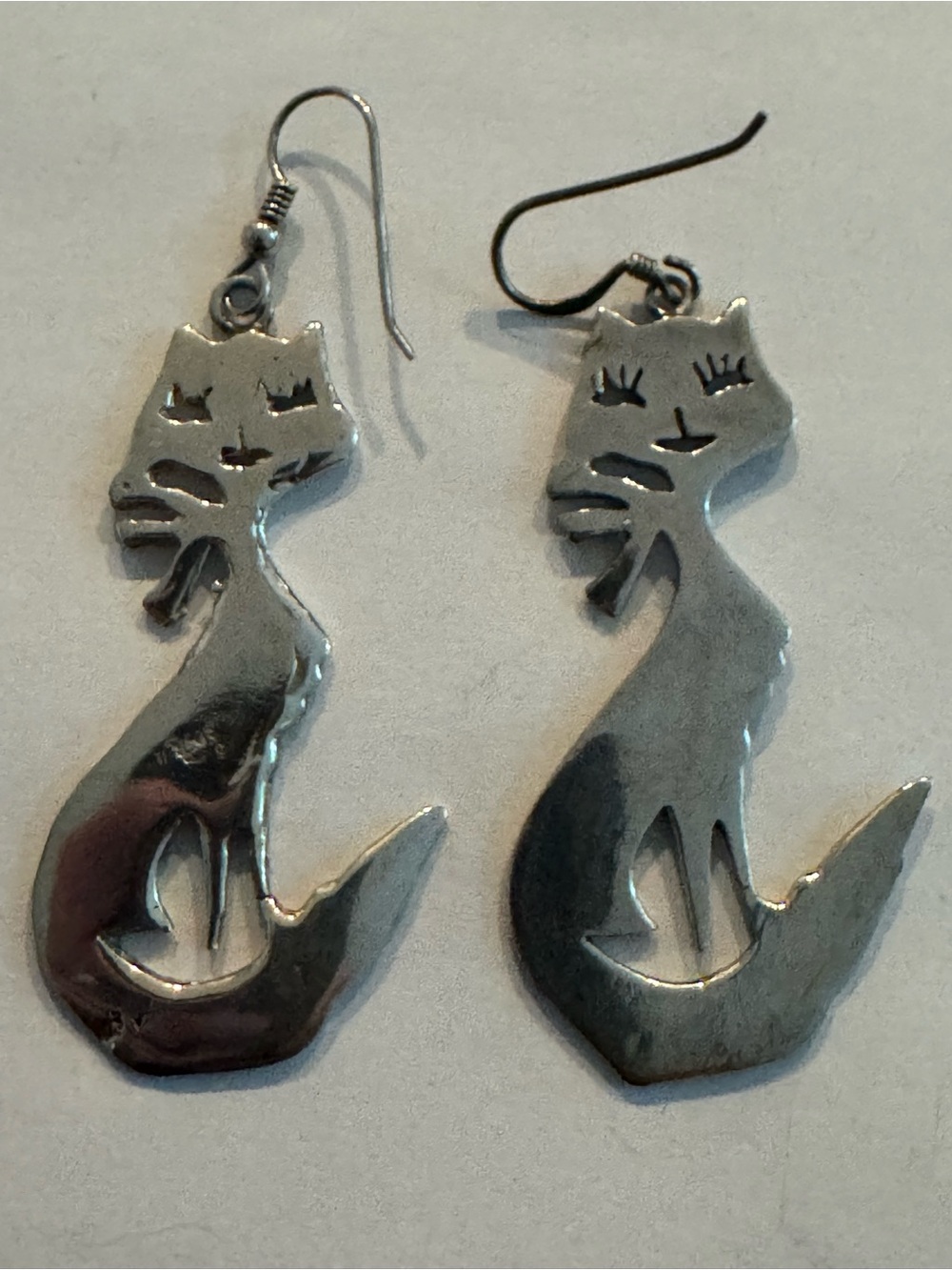 Vtg Mexican 925 Sterling Silver Cutout Cat Dangle Earrings Heavy 15.6g